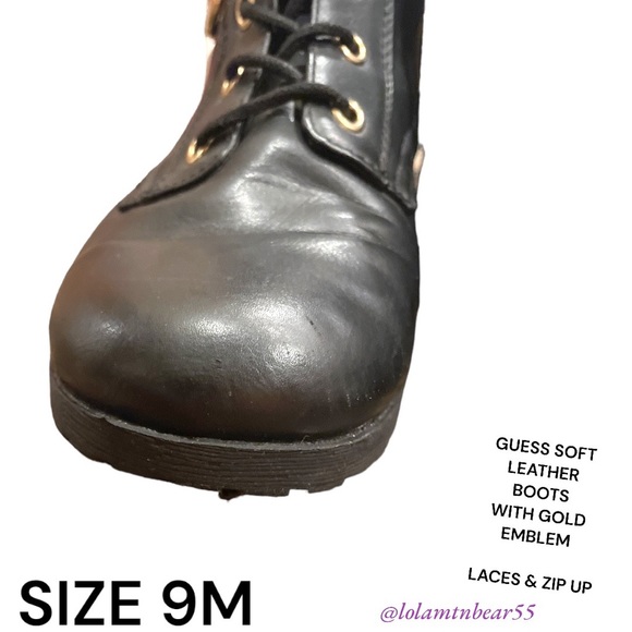 GUESS BRAND SOFT LEATHER ANKLE BOOTS-SIZE 9M-GOLD EMBLEM ON SIDES-ZIP UP AND TIE - Picture 6 of 16